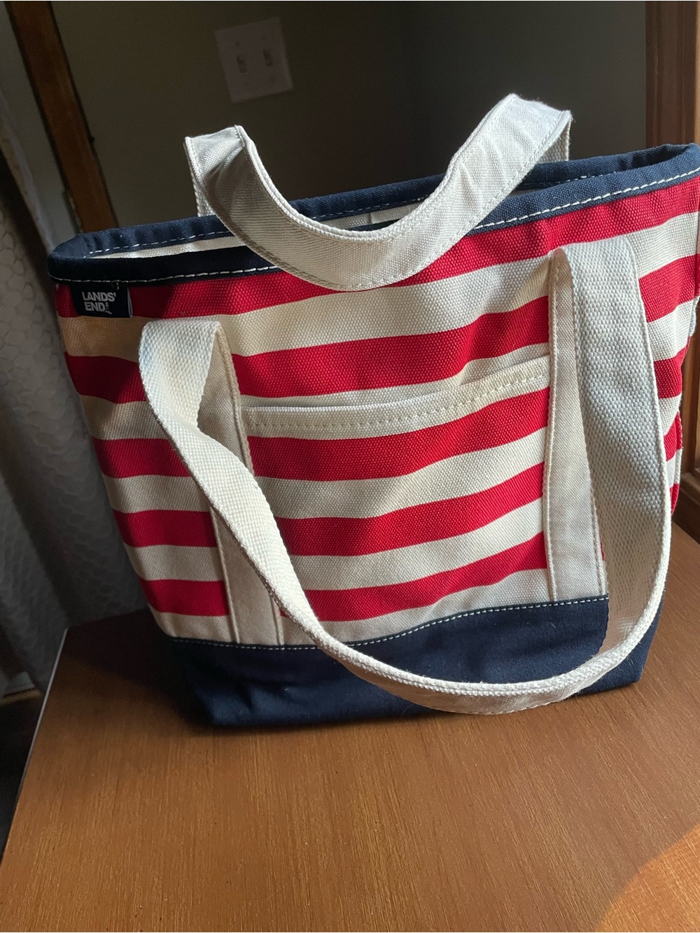 Lands' End Striped Canvas Tote Bag 15" x 12" w/ Pockets Red White Blue